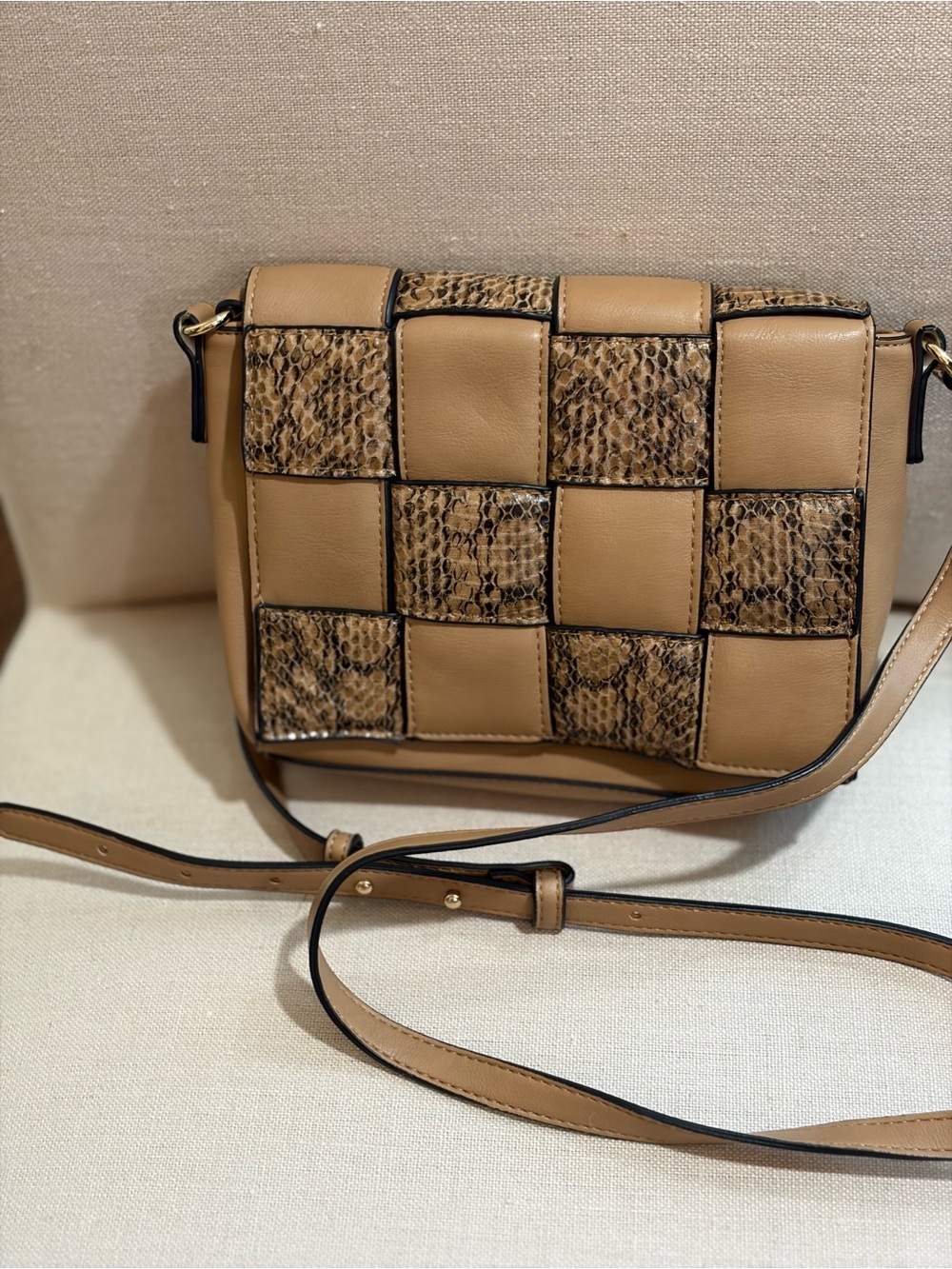 Alfani Tan Woven Patchwork Crossbody with Snake-Print Accents